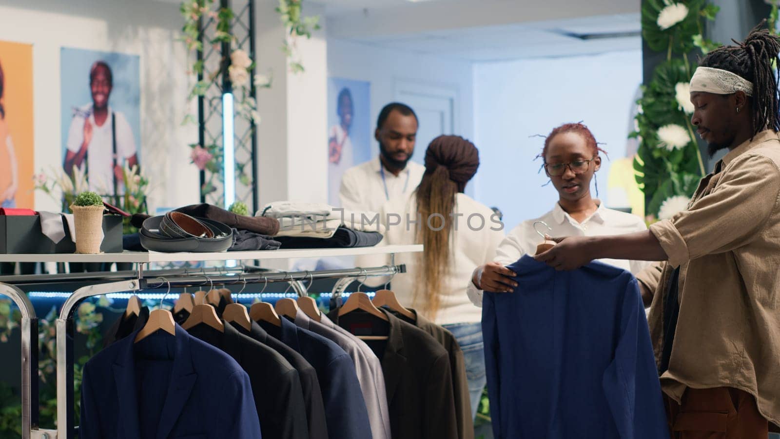 African american man in fancy fashion boutique helped by employee to find suiting stylish formal clothes. Helpful worker assisting client to find fitting designer clothing in premium showroom