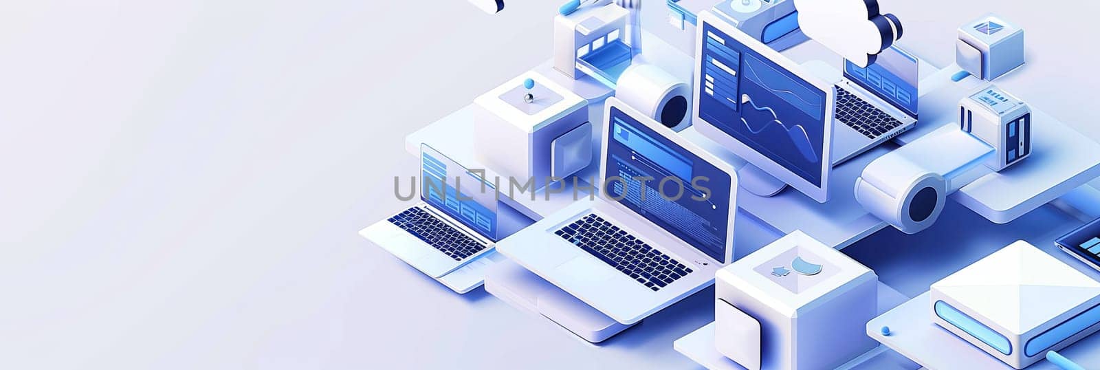 Isometric illustration of computers stacked on top of each other, showcasing technology equipment for computer service and tech repair. Generative AI by AnatoliiFoto