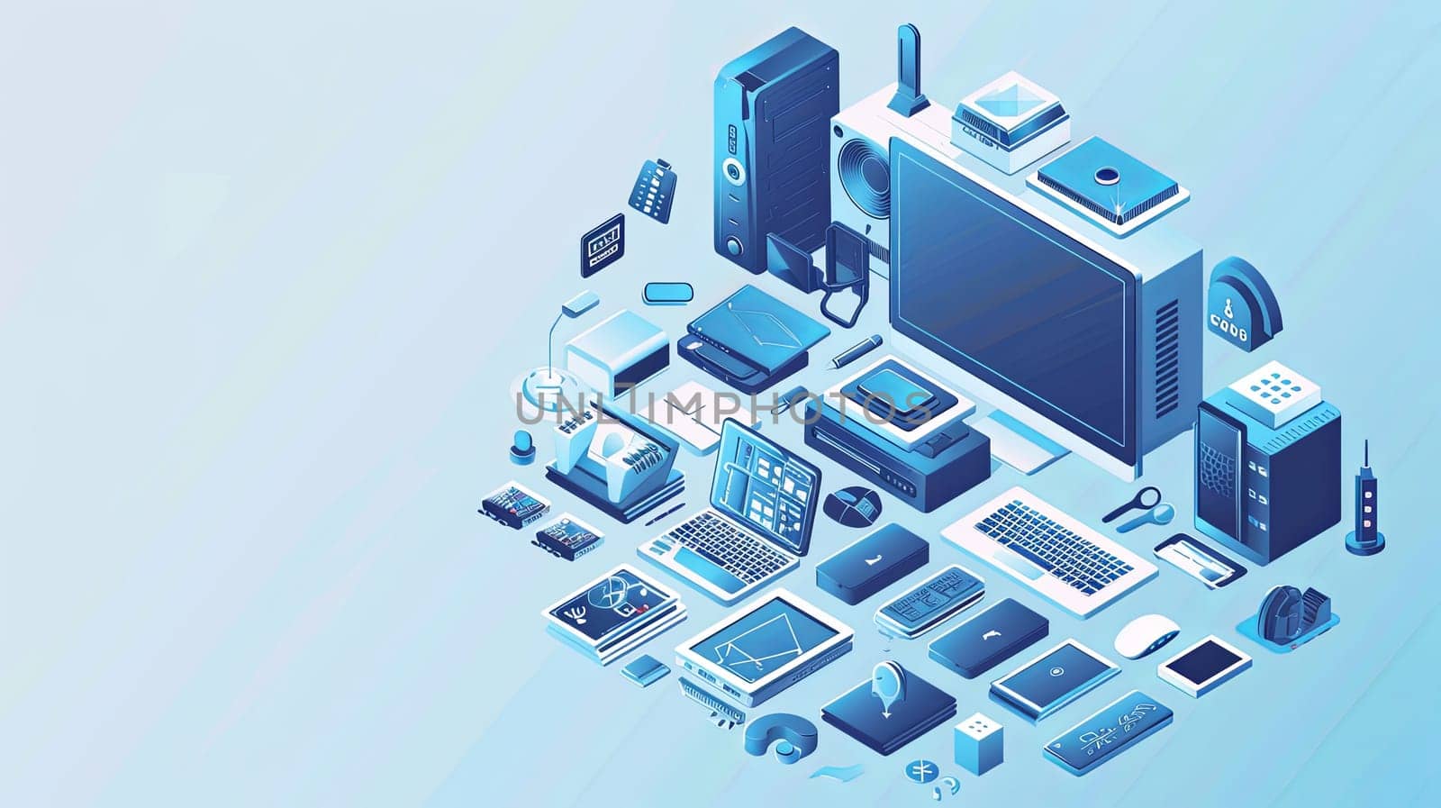 Various electronic devices laid out on a blue background, including computers, laptops, and liaisons. Ideal for computer service and tech repair concepts.