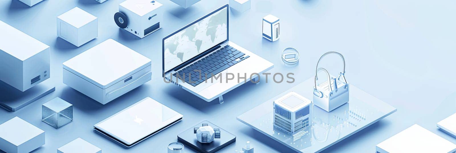 A laptop computer is placed on top of a table, against a white and blue background, symbolizing technology and innovation. Generative AI by AnatoliiFoto