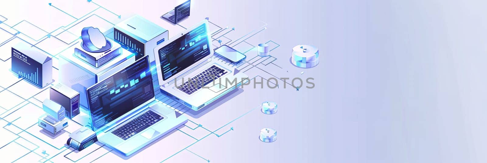Blue and white abstract background featuring laptops, perfect for computer service and tech repair banners. Generative AI by AnatoliiFoto