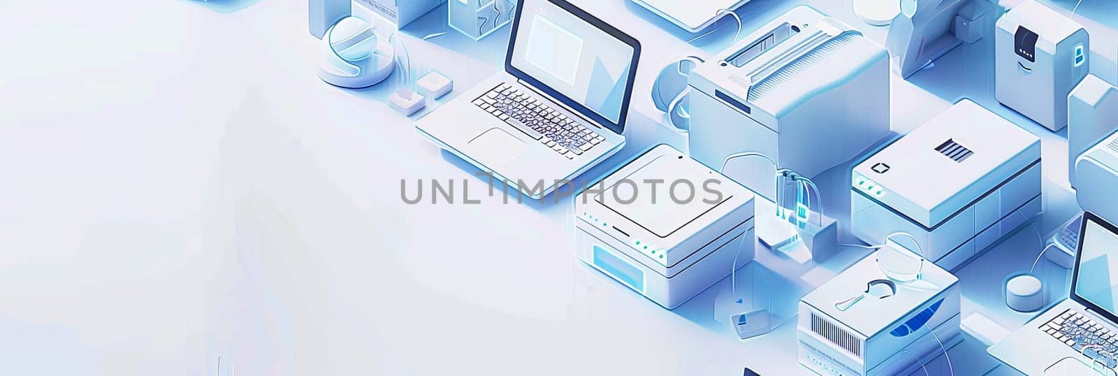 Isometric icon of computers and technology equipment stacked creatively, with copy space for computer service or tech repair banner. Blue and white colors. Generative AI by AnatoliiFoto