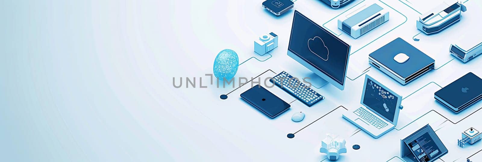 A variety of electronic devices, including computers, laptops, and liaisons, are neatly arranged next to each other. Isometric icon with a creative banner for computer service or tech repair. White and blue colors. Generative AI by AnatoliiFoto