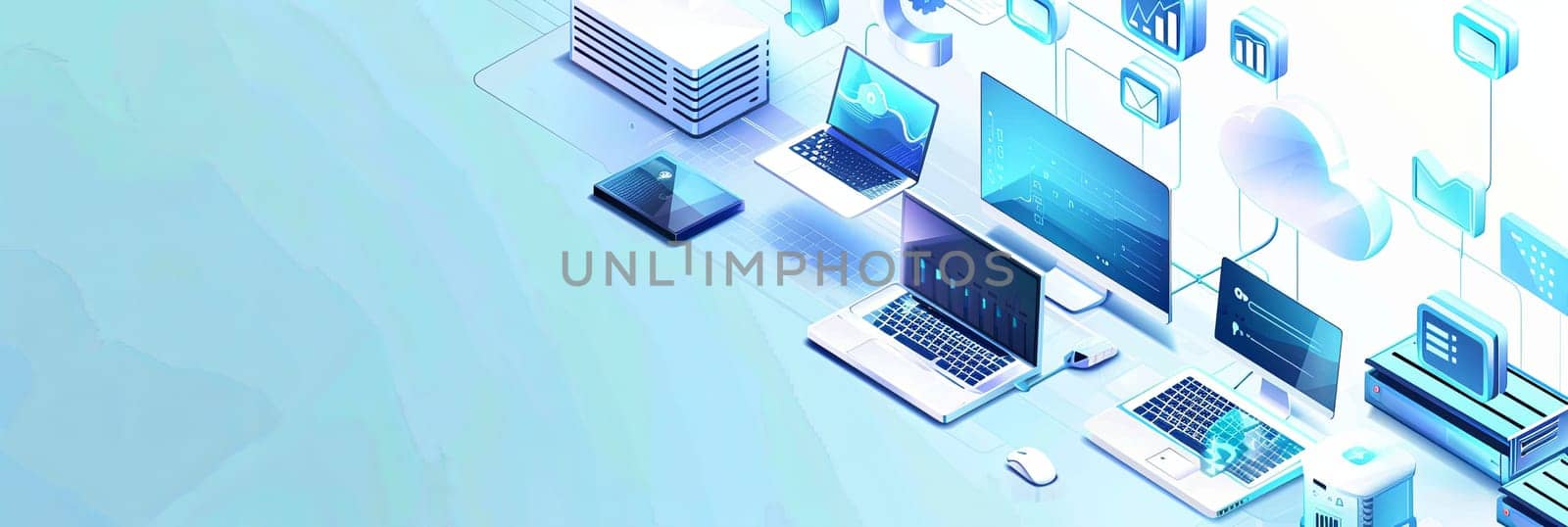 A collection of laptops arranged neatly on top of a table, showcasing a modern workspace setup with technology equipment. Generative AI by AnatoliiFoto
