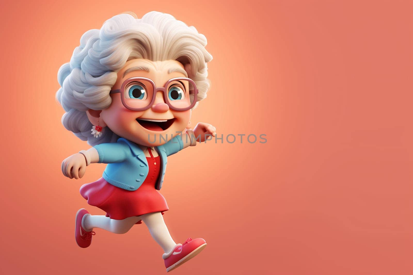 An elderly animated woman with a lively expression jogs with delight in a casual blue cardigan and red sneakers against a warm, soft background - Generative AI