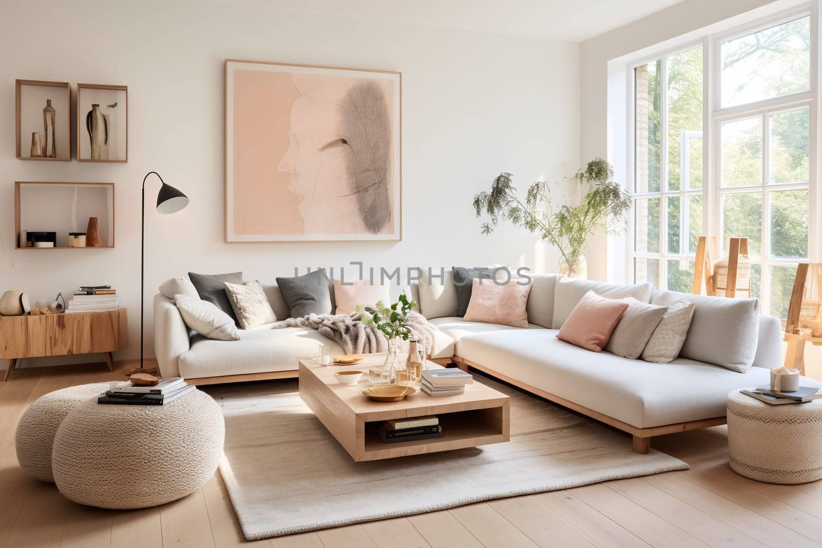 A spacious living room features a large sectional sofa, wooden furniture, and a warm neutral color palette, bathed in natural sunlight from ample windows - Generative AI