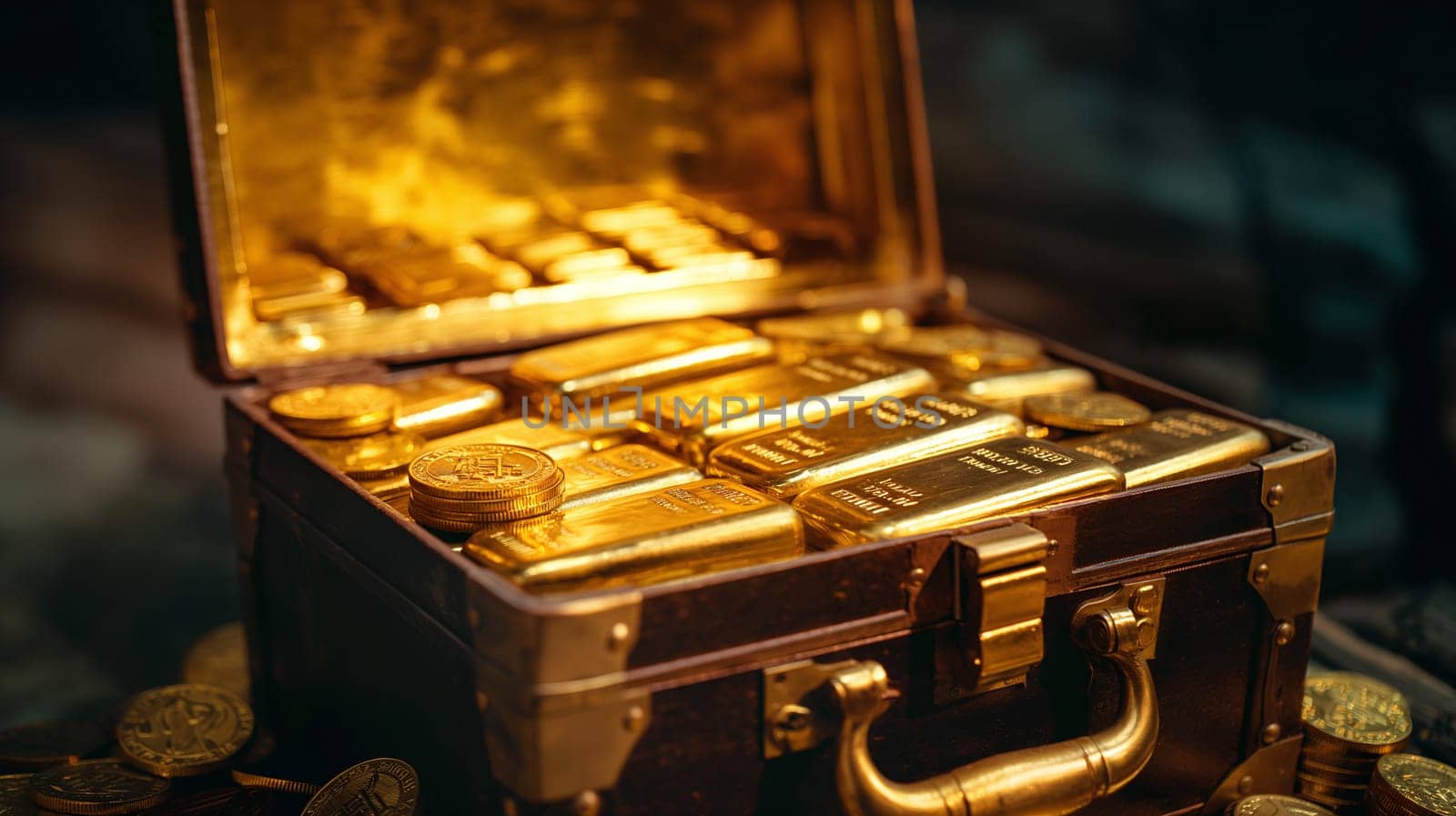 An open chest filled with glistening gold bars and scattered coins captures a sense of immense wealth and hidden treasure - Generative AI