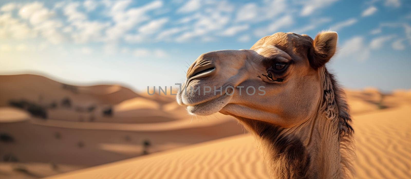 A camel gazes into the distance with soft focus desert dunes and a warm sunset sky in the background