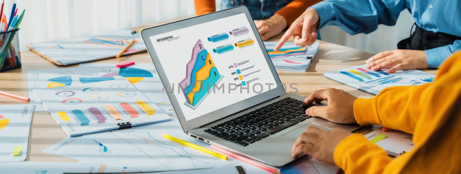 Startup company employee working together using laptop analyzing BI dashboard paper on financial data report and planning strategic marketing for business success in panorama banner. Synergic