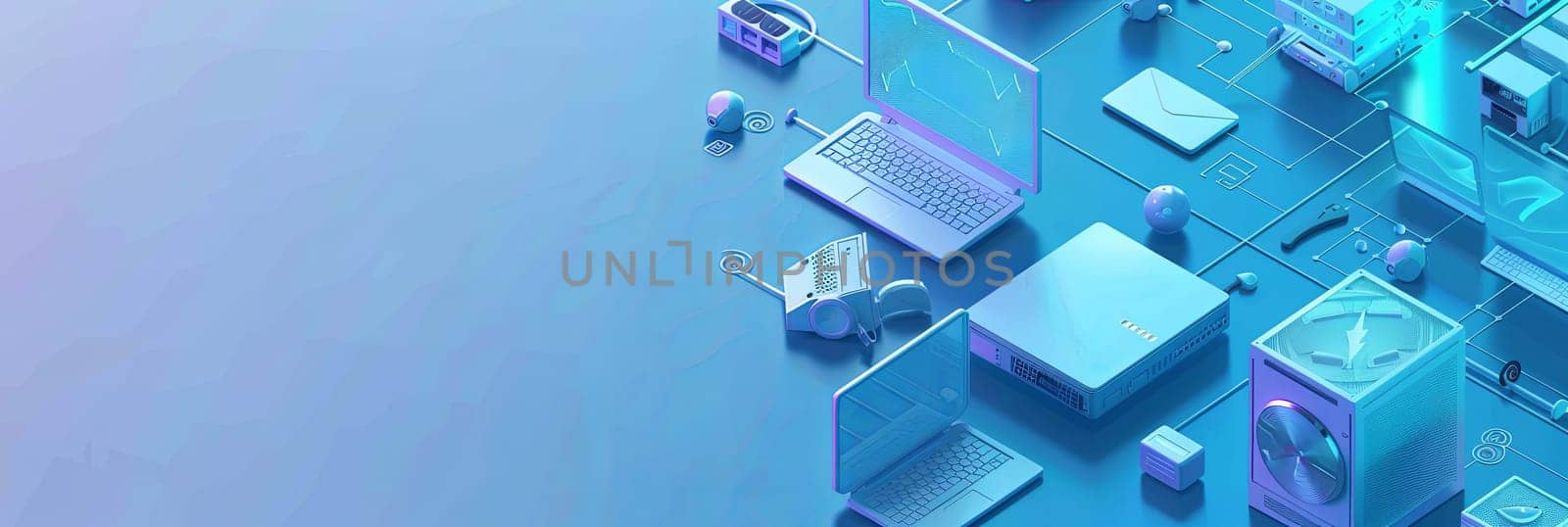 Several laptops arranged on a blue surface, isometric computer icons. Copy space for computer service or tech repair banner.