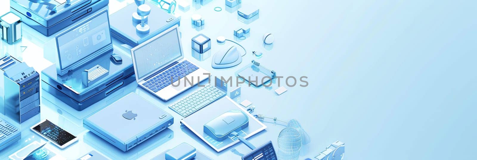 Group of laptops stacked on top of each other in isometric style, set against a white and blue background for tech repair or cloud storage banner.