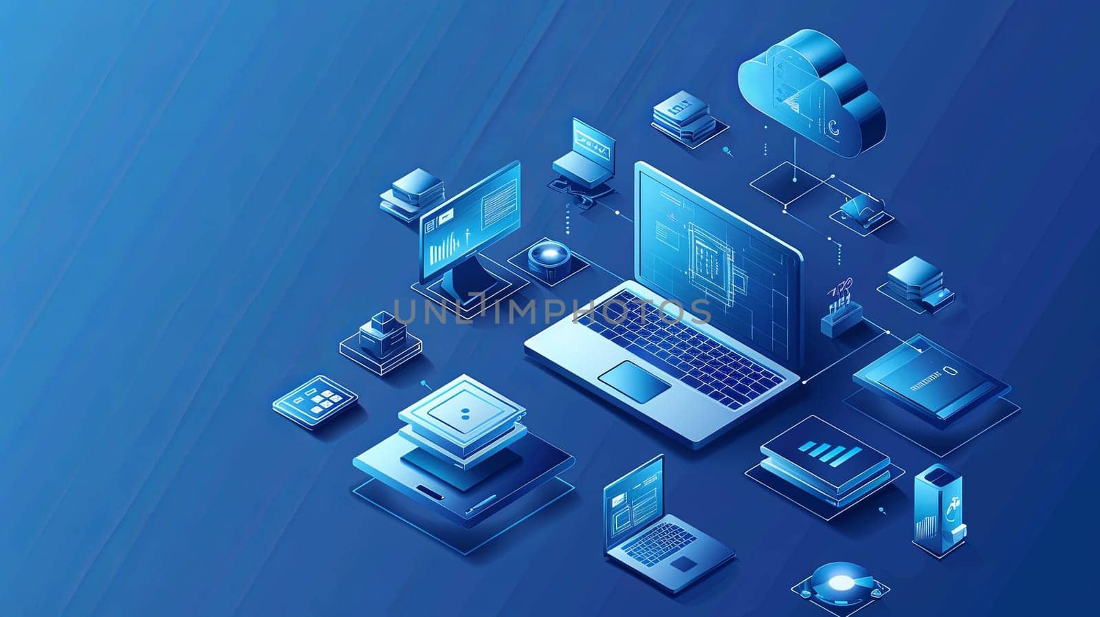 Isometric icon of laptops surrounded by various electronic devices in white and blue colors, ideal for computer service and tech repair banners.