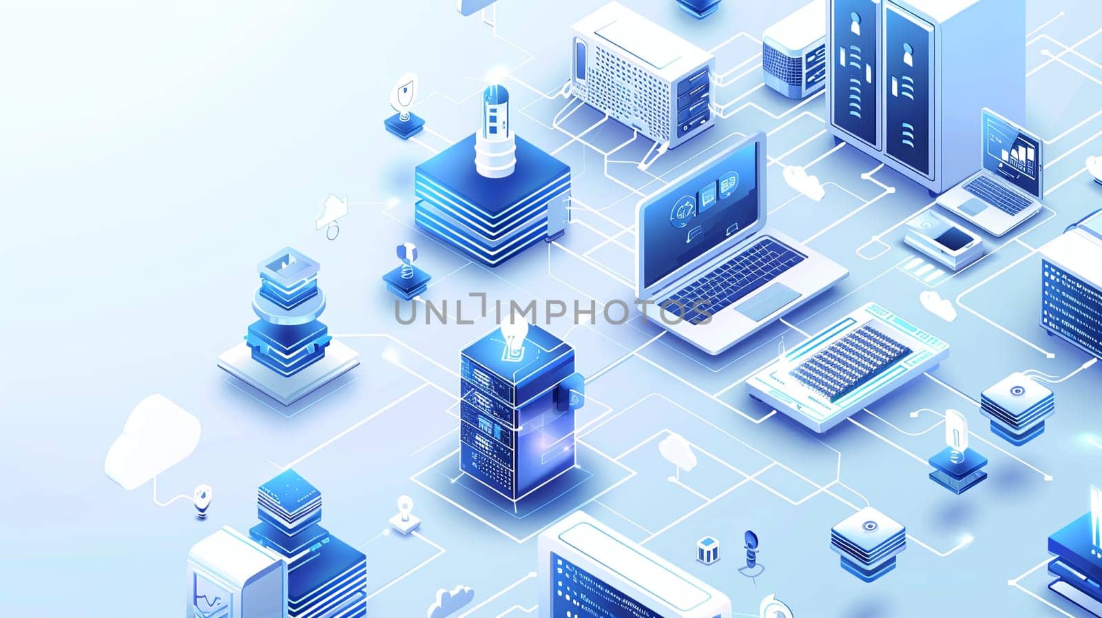 Isometric icon of computers, laptops, and technology equipment on a blue and white background. Creative banner for computer service and tech repair with copy space. Generative AI illustration.