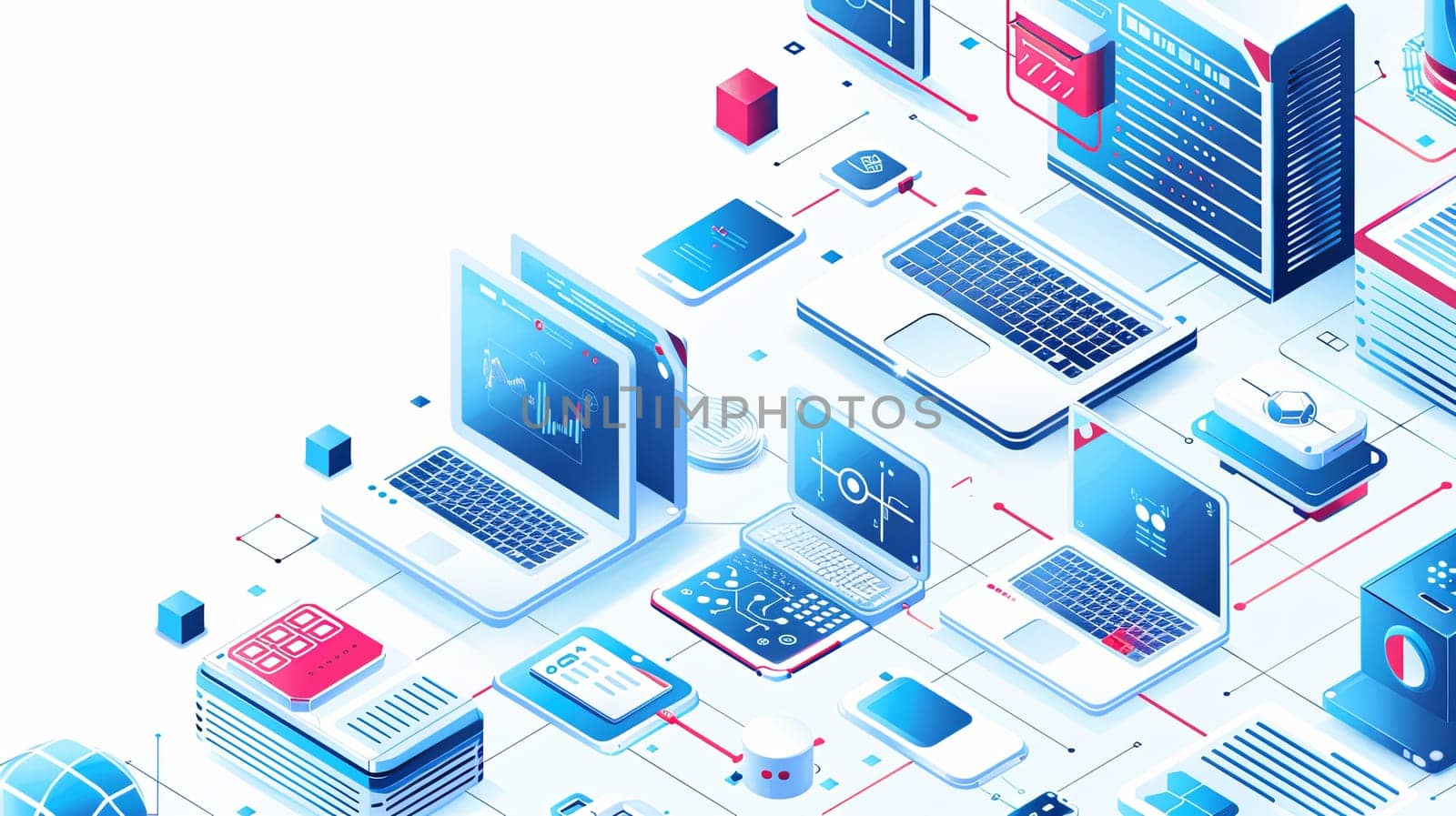 Various electronic devices such as computers, laptops, and liaisons arranged on a white background with copy space. Isometric icon design in white and blue colors.