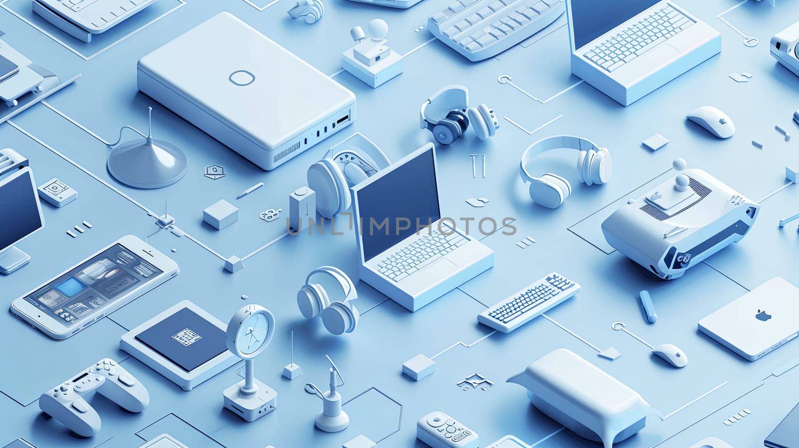 Isometric icon of computers, laptops, liaisons, and technology equipment arranged on a blue surface for computer service, tech repair, or cloud storage purposes.