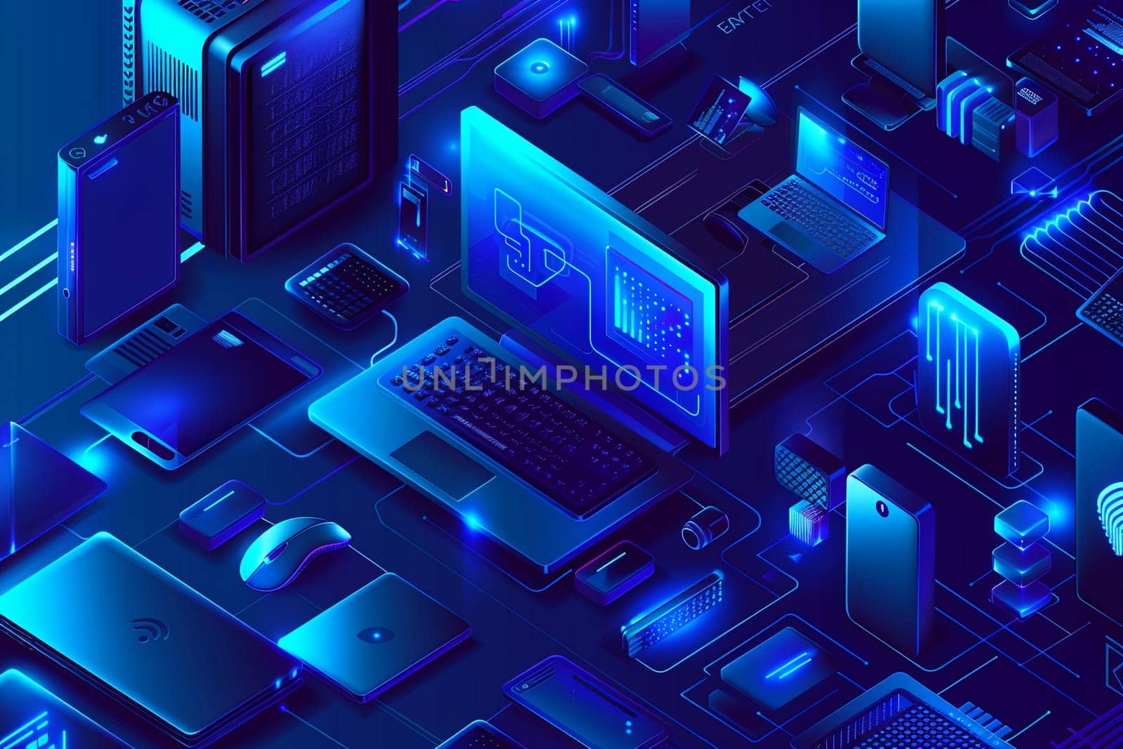 Assortment of electronic devices including computers and laptops on a blue background with copy space for computer service or tech repair banner.