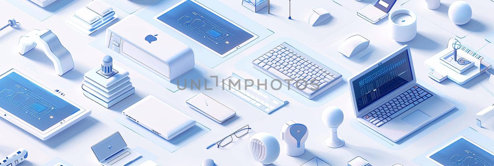 Various types of laptops are displayed on a table in a neat arrangement. The image features a mix of technology equipment against a white and blue backdrop.