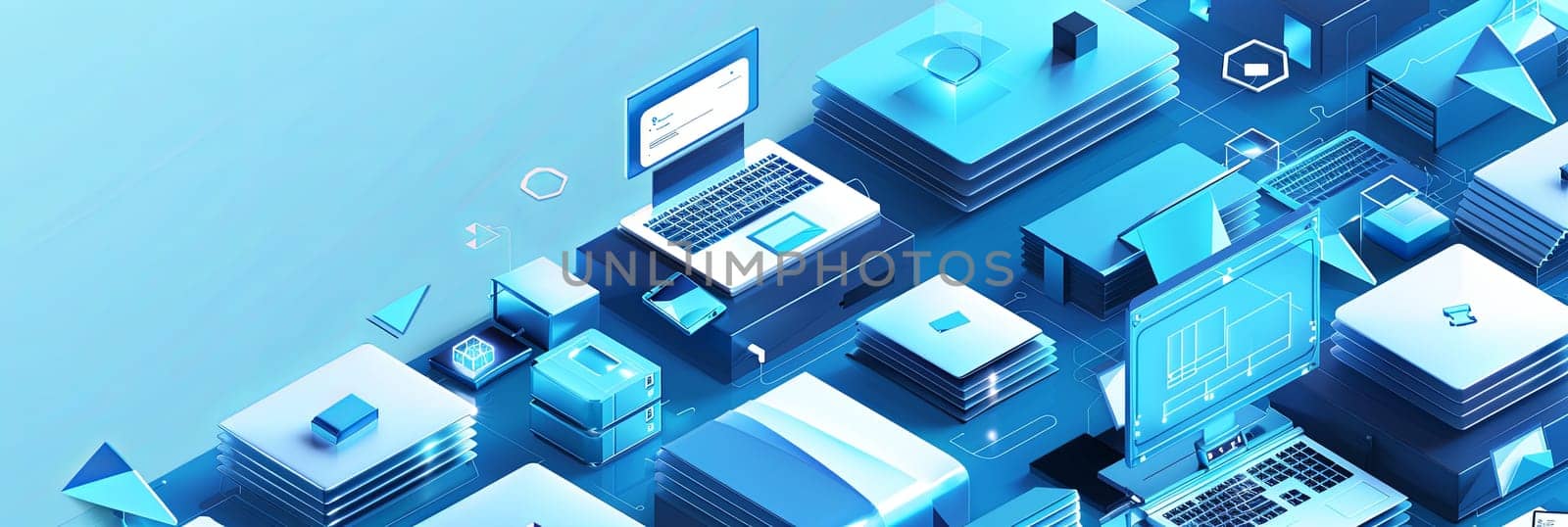 Isometric computers, laptops, and other technology equipment on a blue abstract background. Ideal for computer service, tech repair, and cloud storage promotion.