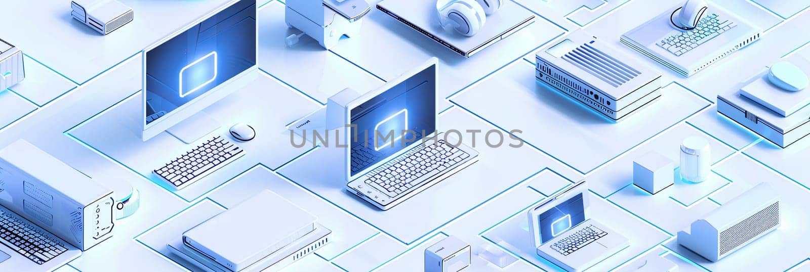 A collection of computer screens and laptops arranged on a white surface, showcasing technology equipment and isometric icons.