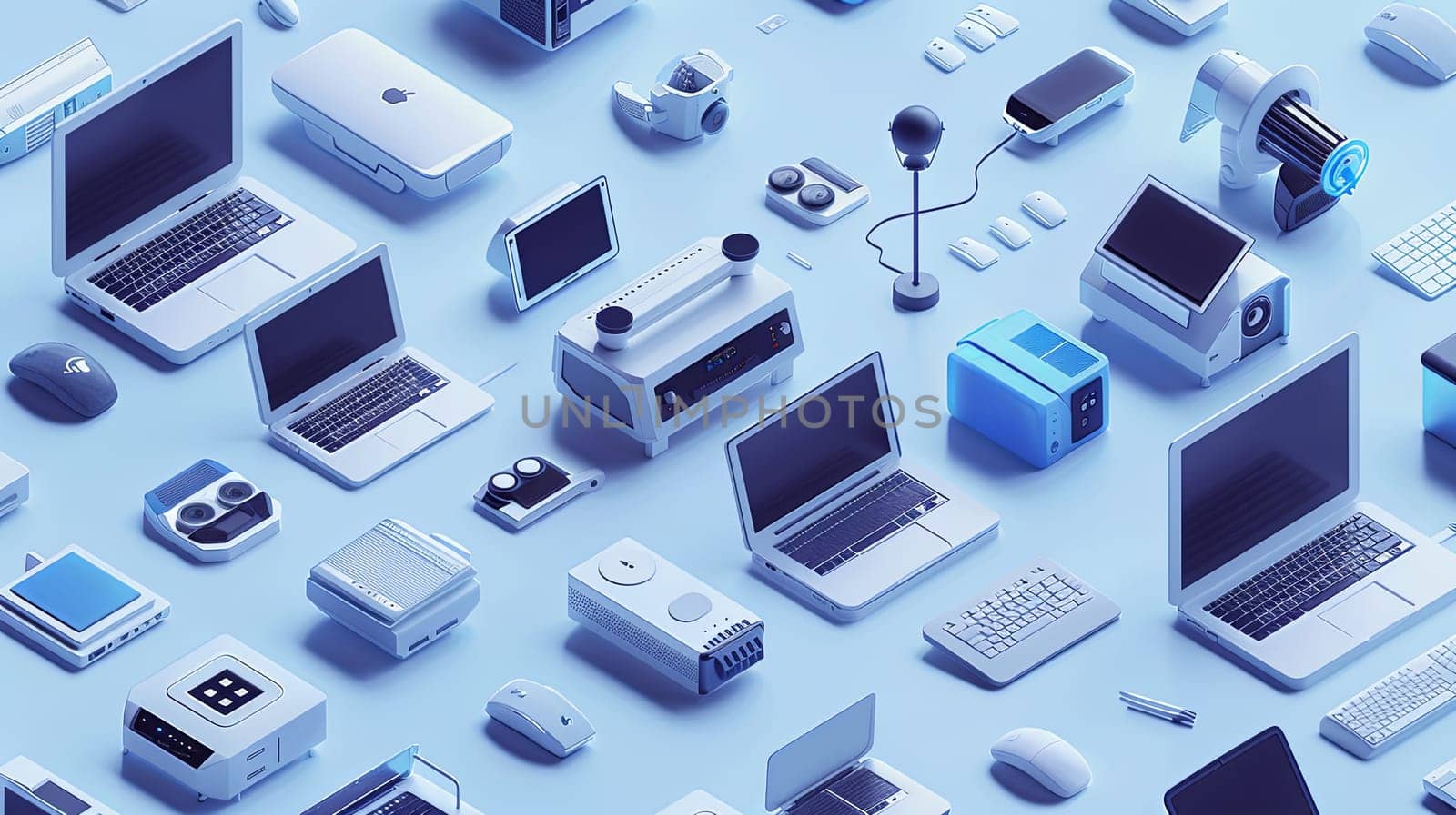 Collection of computers, laptops, and technology equipment in a creative isometric design with white and blue colors.