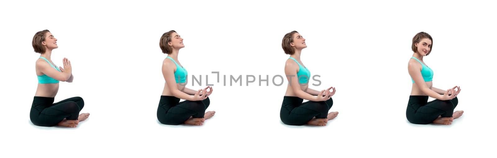 Healthy and active young woman in sportswear with different professional fitness posture set of yoga training session. Meditation yoga exercise on isolated background in gaiety full body length shot.