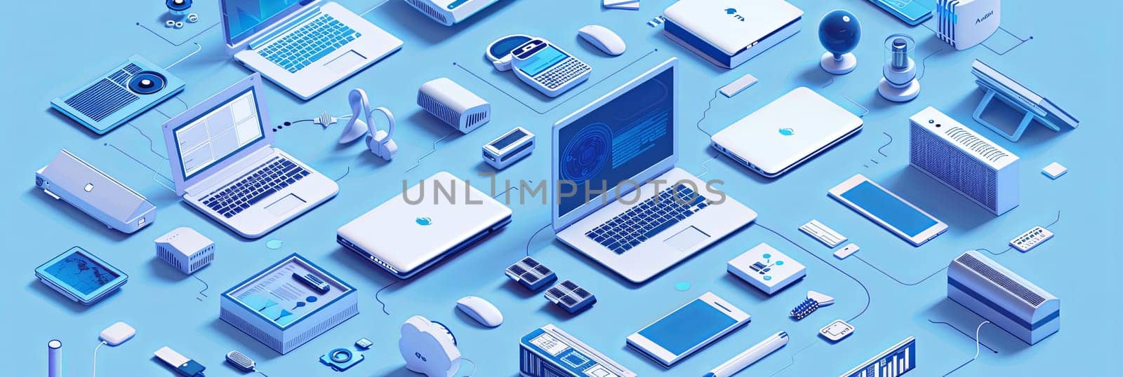 Collection of computers, laptops, and technology equipment on a blue background. Ideal for computer service and tech repair banners.