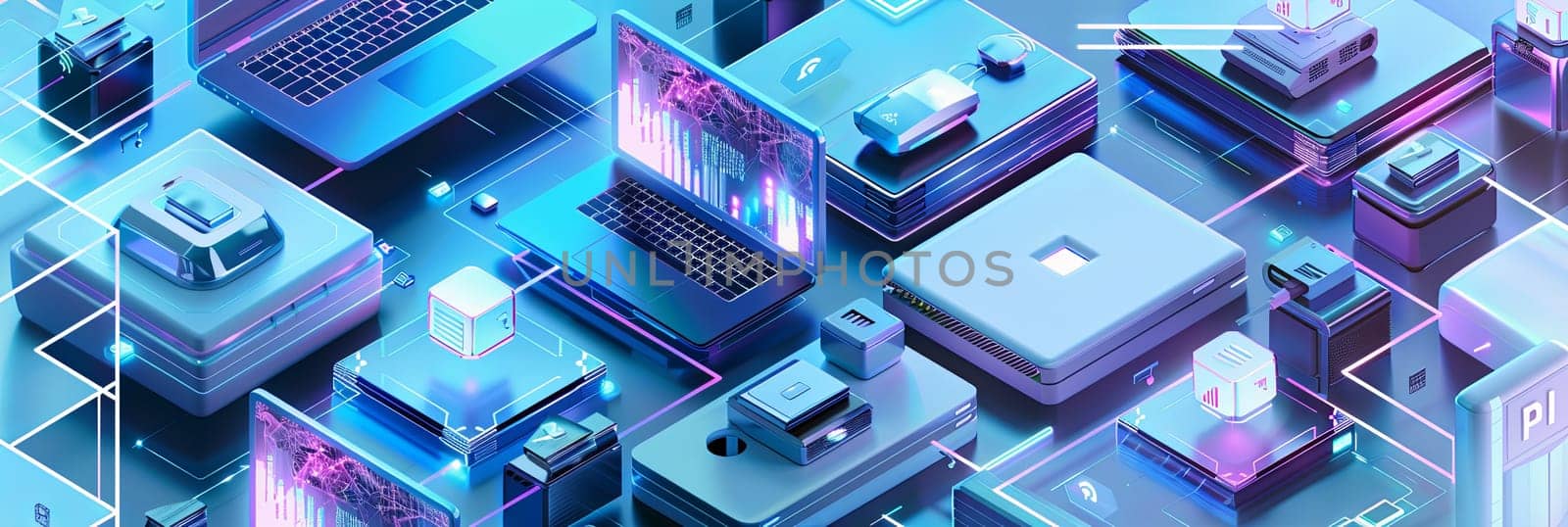 A collection of computers, laptops, liaisons, and other technology equipment depicted in isometric style with white and blue colors.