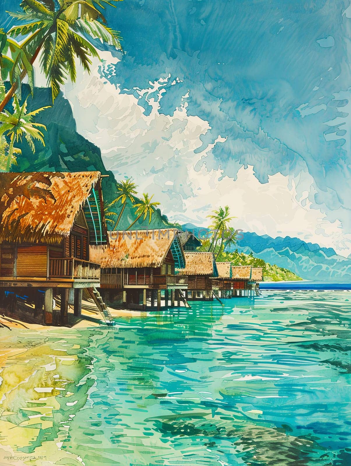 A painting of a tropical beach featuring a hut, palm trees, and crystal-clear waters.