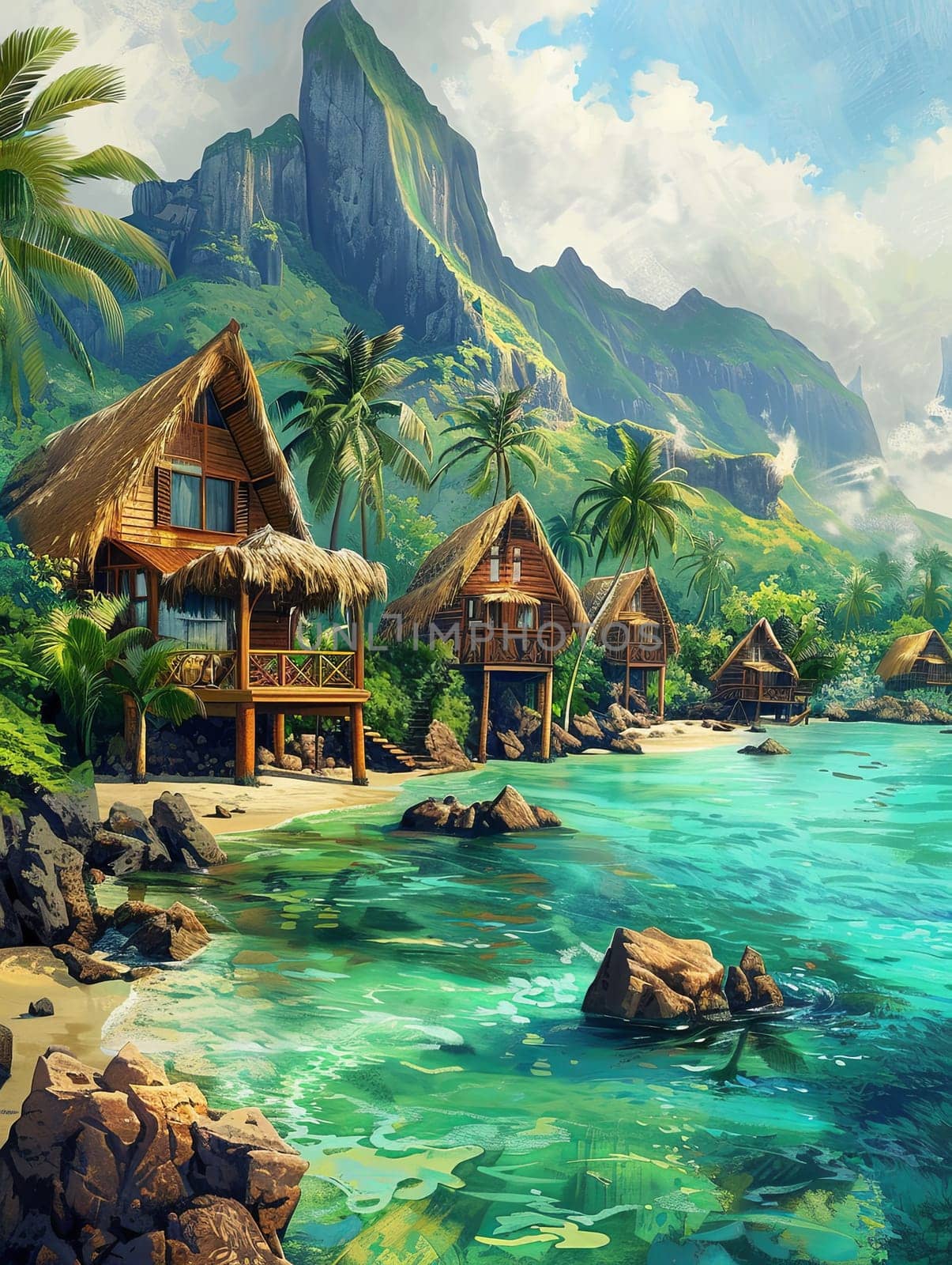 A painting depicting a tropical beach scene with palm trees and azure sea.