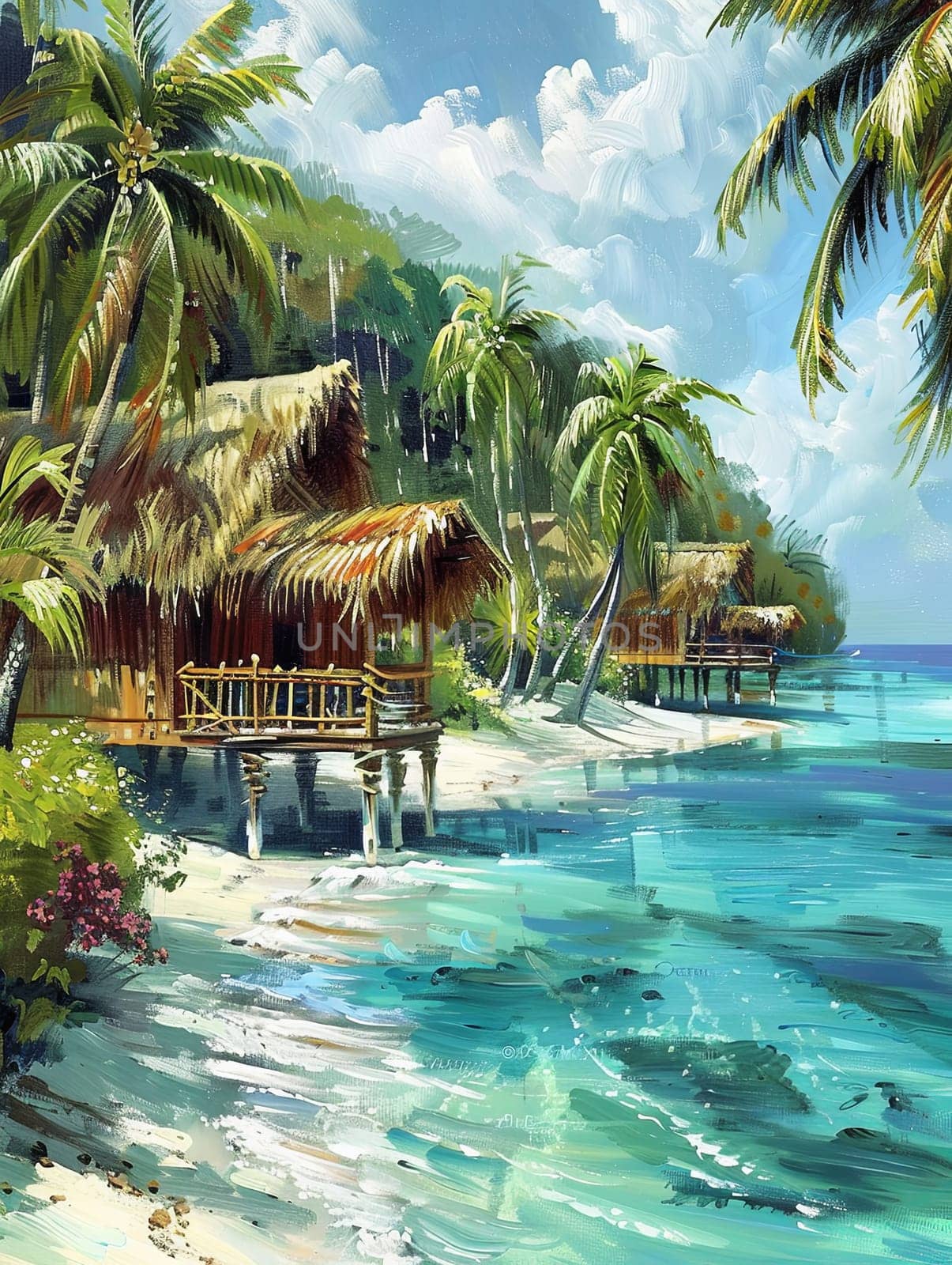 A painting showcasing a tropical beach with lush palm trees swaying in the breeze, set against a backdrop of azure sea.