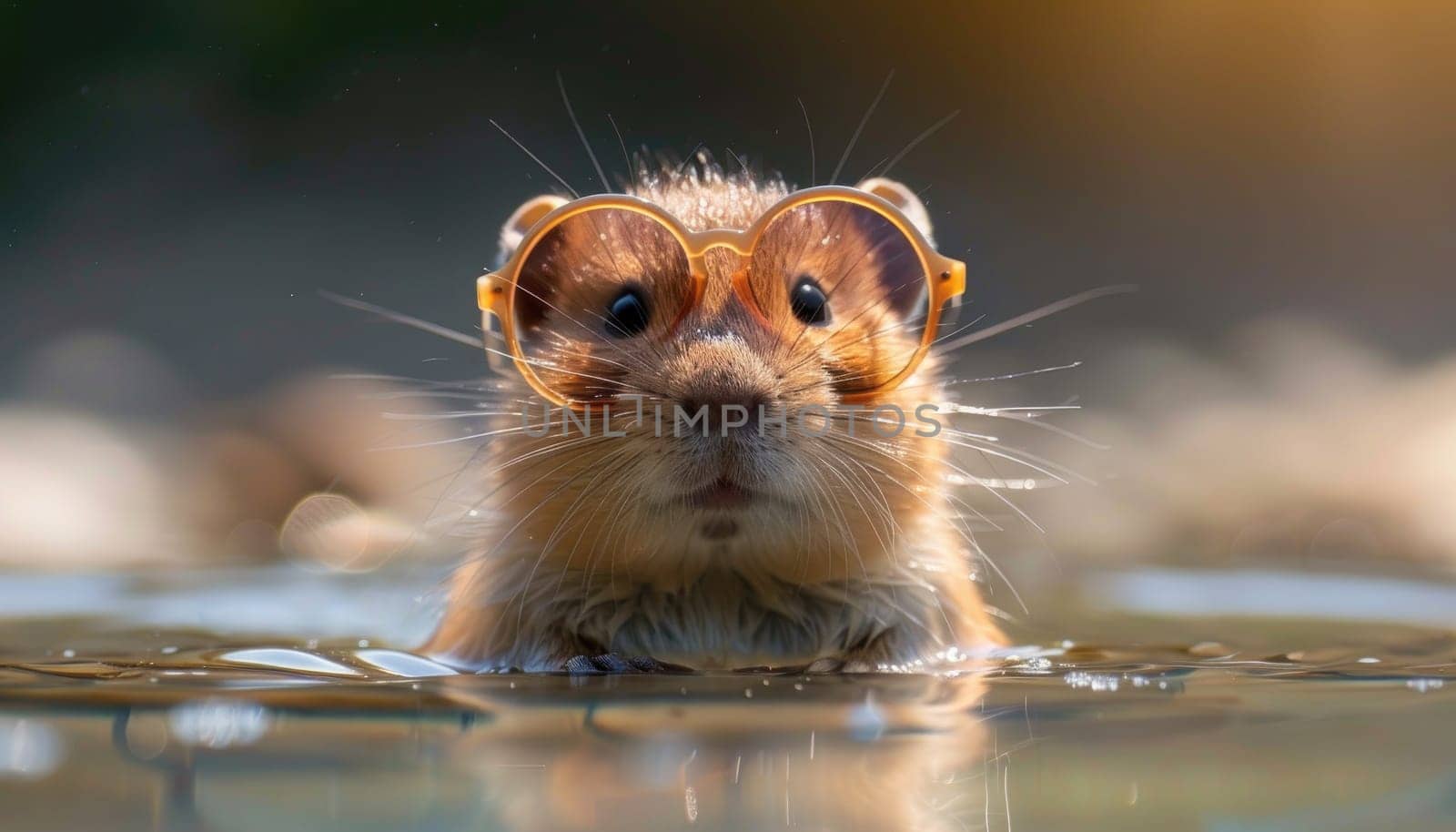 A small brown mouse wearing glasses is swimming in a pool by AI generated image.