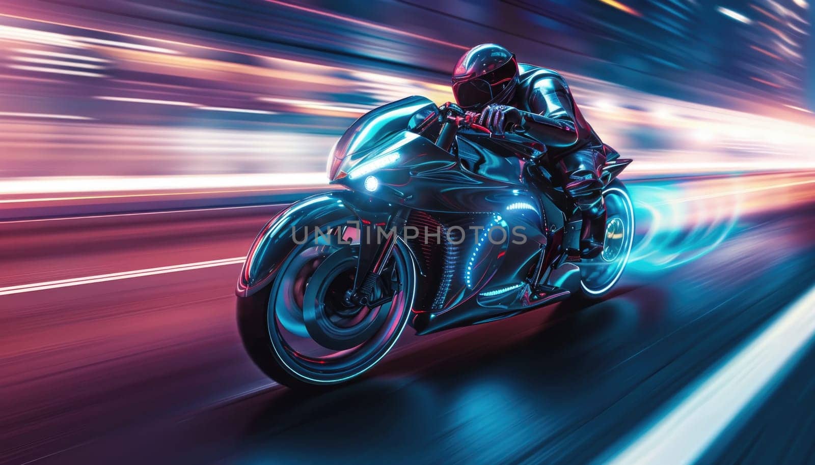 A man is riding a motorcycle on a road by AI generated image.