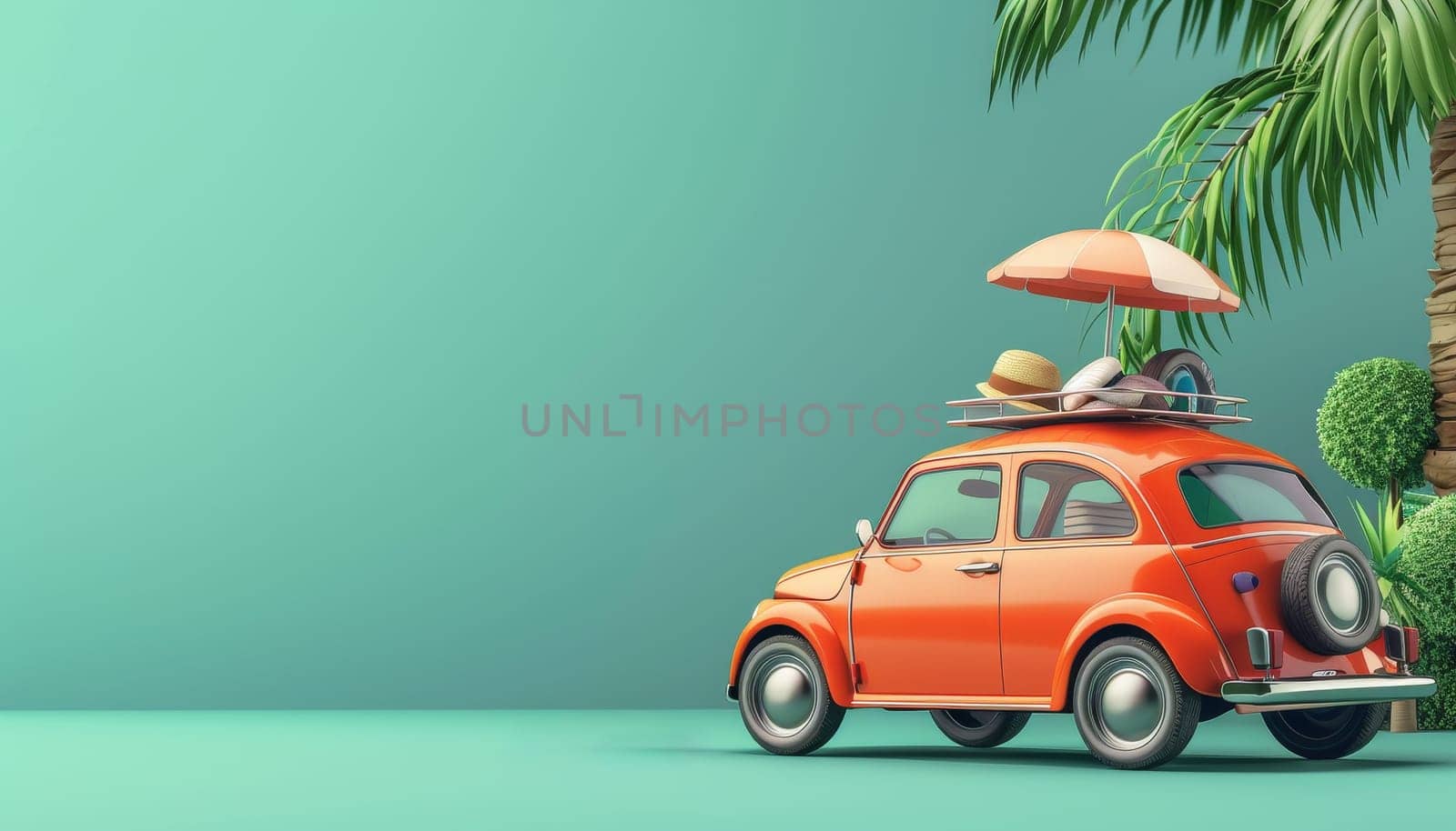 A vintage orange car is parked next to a tree with oranges on it by AI generated image.