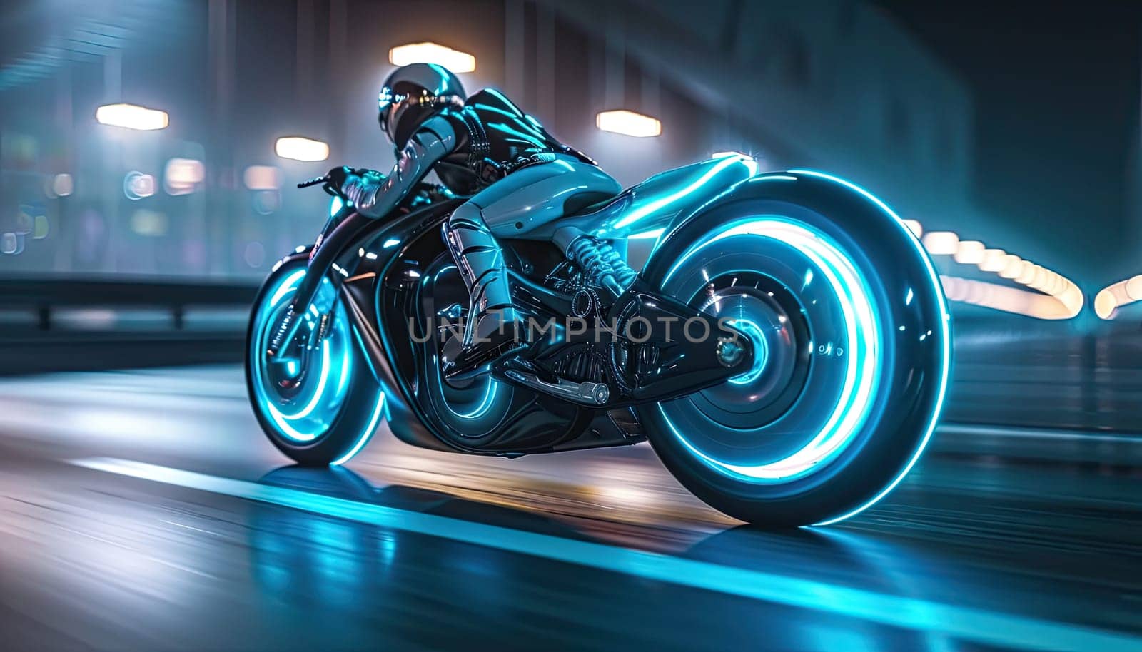 A man is riding a motorcycle on a road by AI generated image.