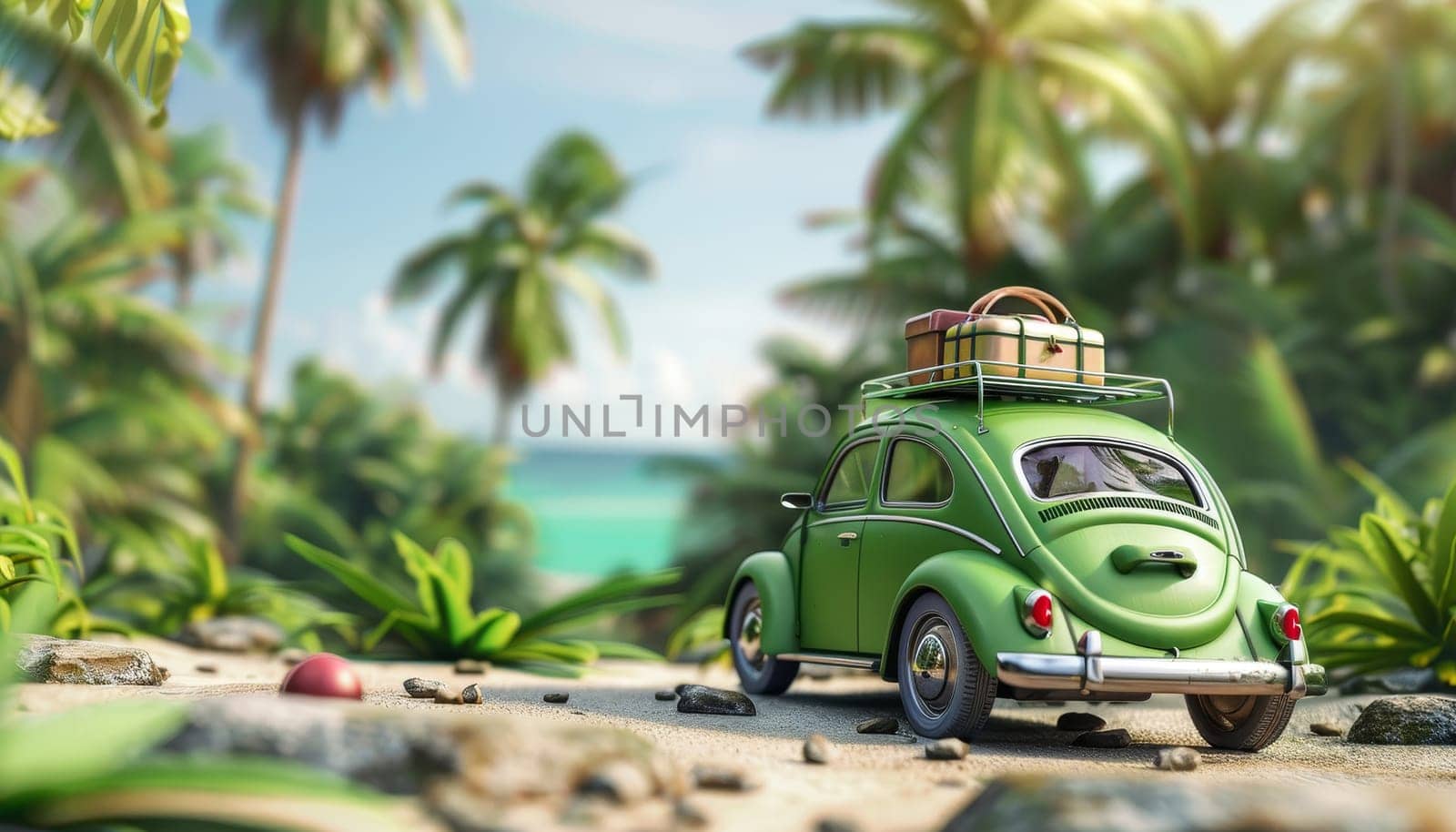 A green Volkswagen Beetle is parked on a beach with luggage on top of it by AI generated image.