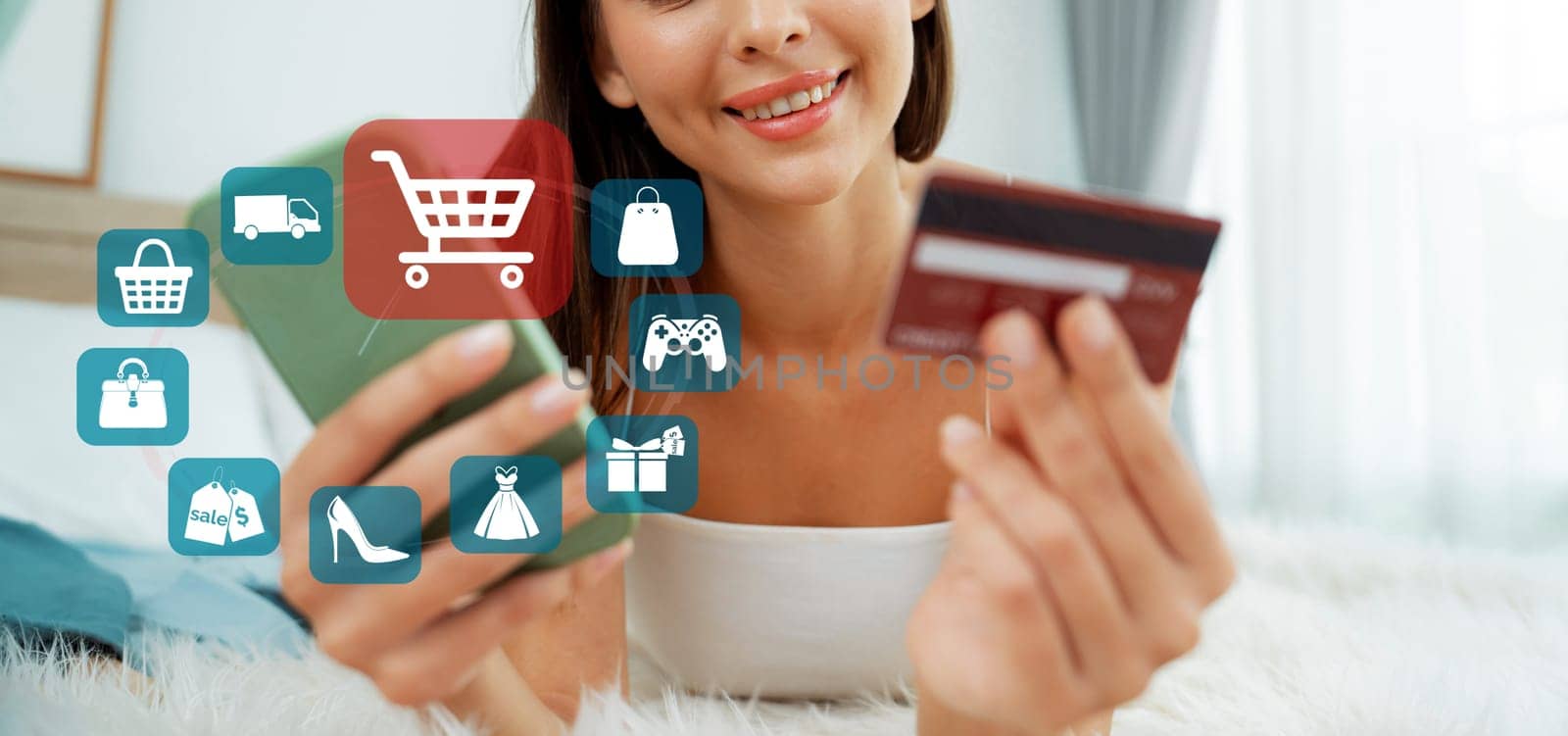 Elegant customer wearing white tank top holding credit card typing phone choosing online platform. Smart consumer opening e-commerce application use cashless technology shopping inventory. Cybercash.