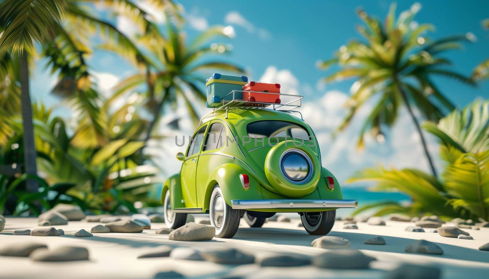A green Volkswagen Beetle is parked on a beach with luggage on top of it by AI generated image by wichayada