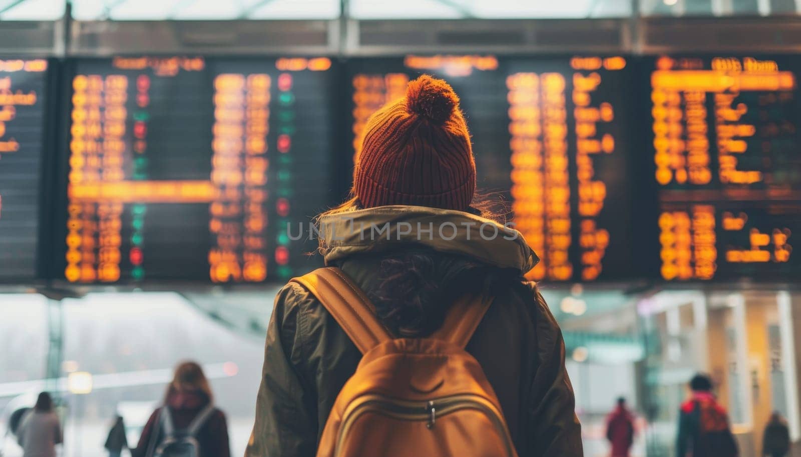 A woman with a backpack is standing in front of a large airport screen by AI generated image.