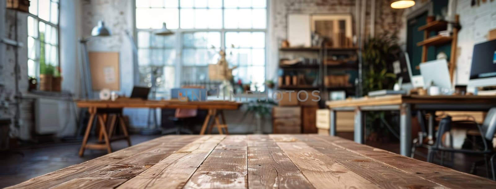 A wooden table with a view of a room with a lot of plants by AI generated image.