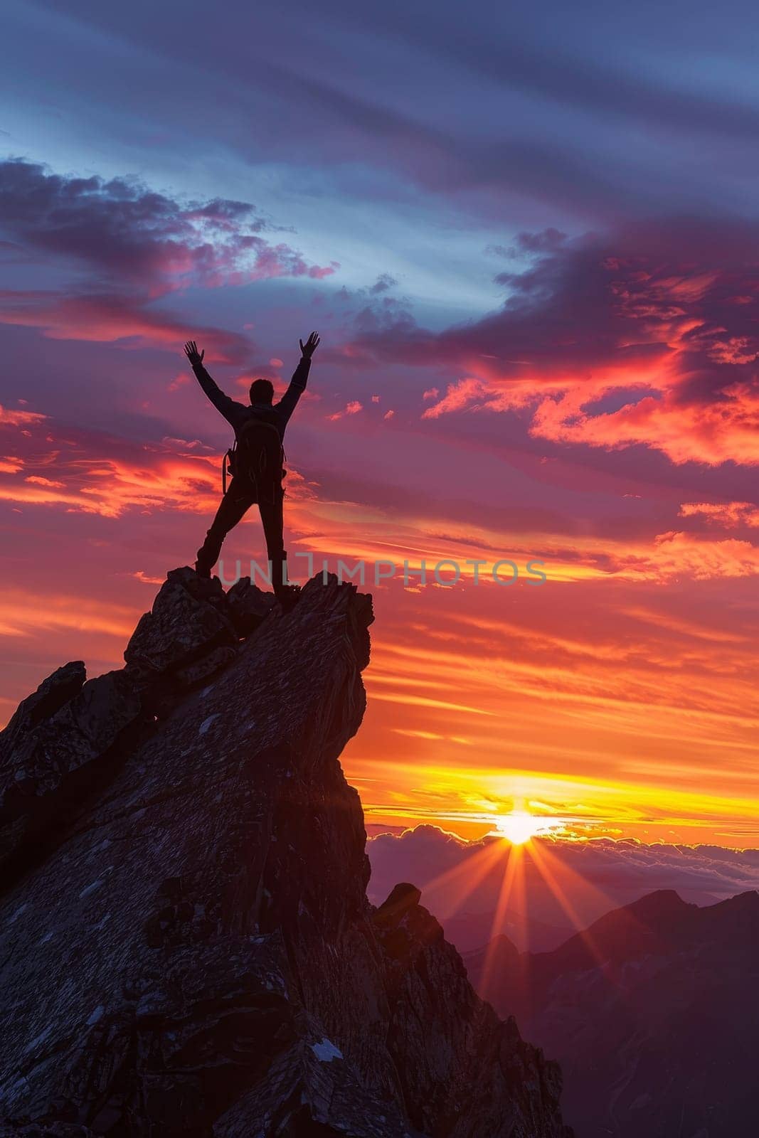 A man is standing on a mountain peak, with the sun setting behind him by AI generated image.