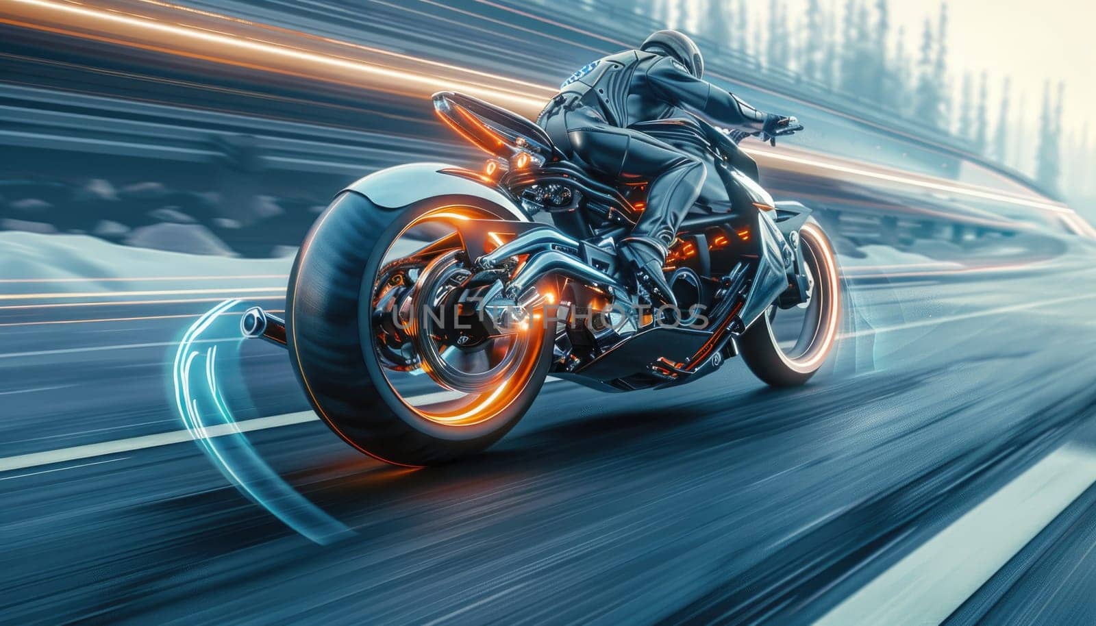 A man is riding a motorcycle on a road by AI generated image.