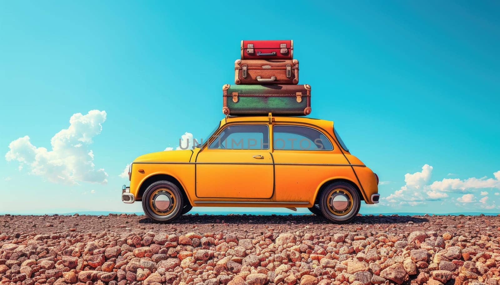 A yellow car is parked on a rocky road with three suitcases on top of it by AI generated image.