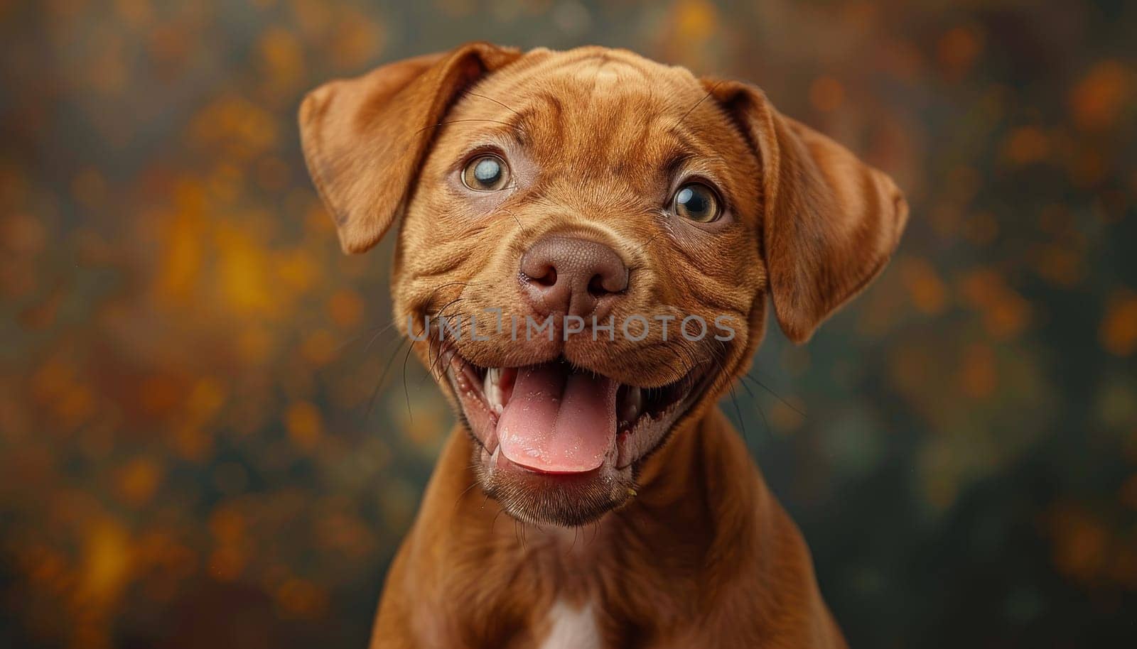 A brown dog with a pink tongue is smiling by AI generated image.