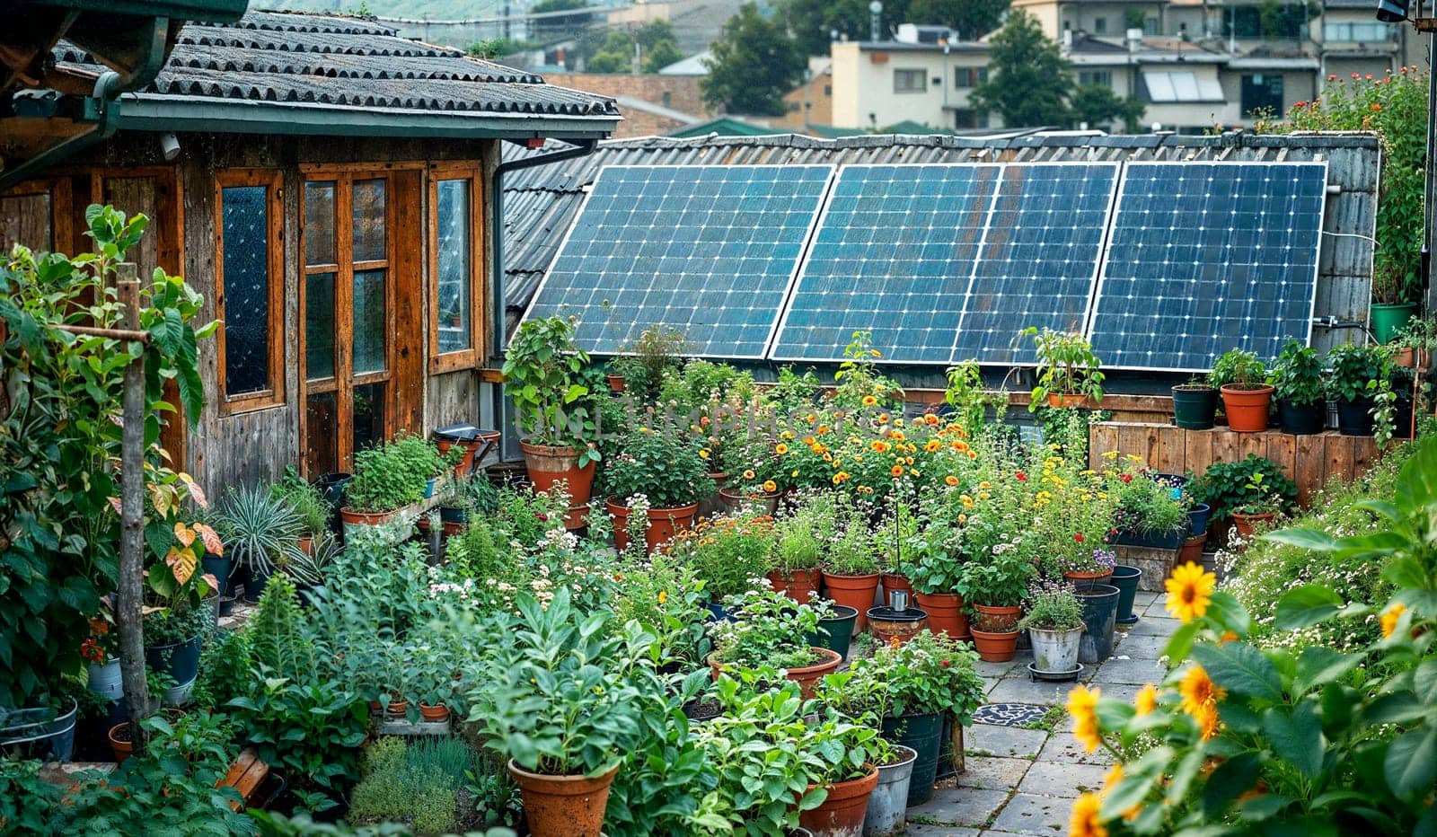 Urban rooftop garden with plants and solar panels