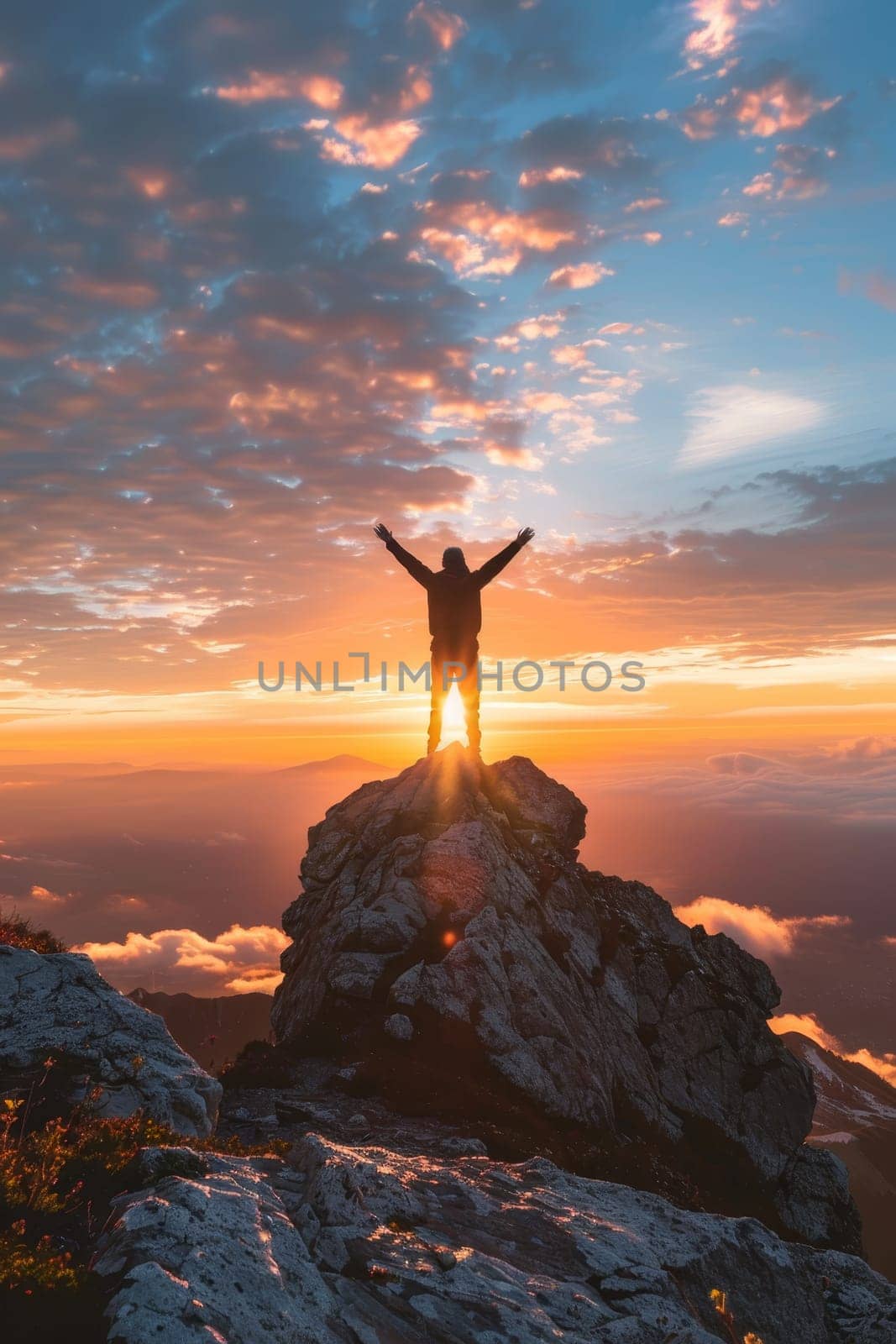 A man is standing on a mountain peak, with the sun setting behind him by AI generated image.