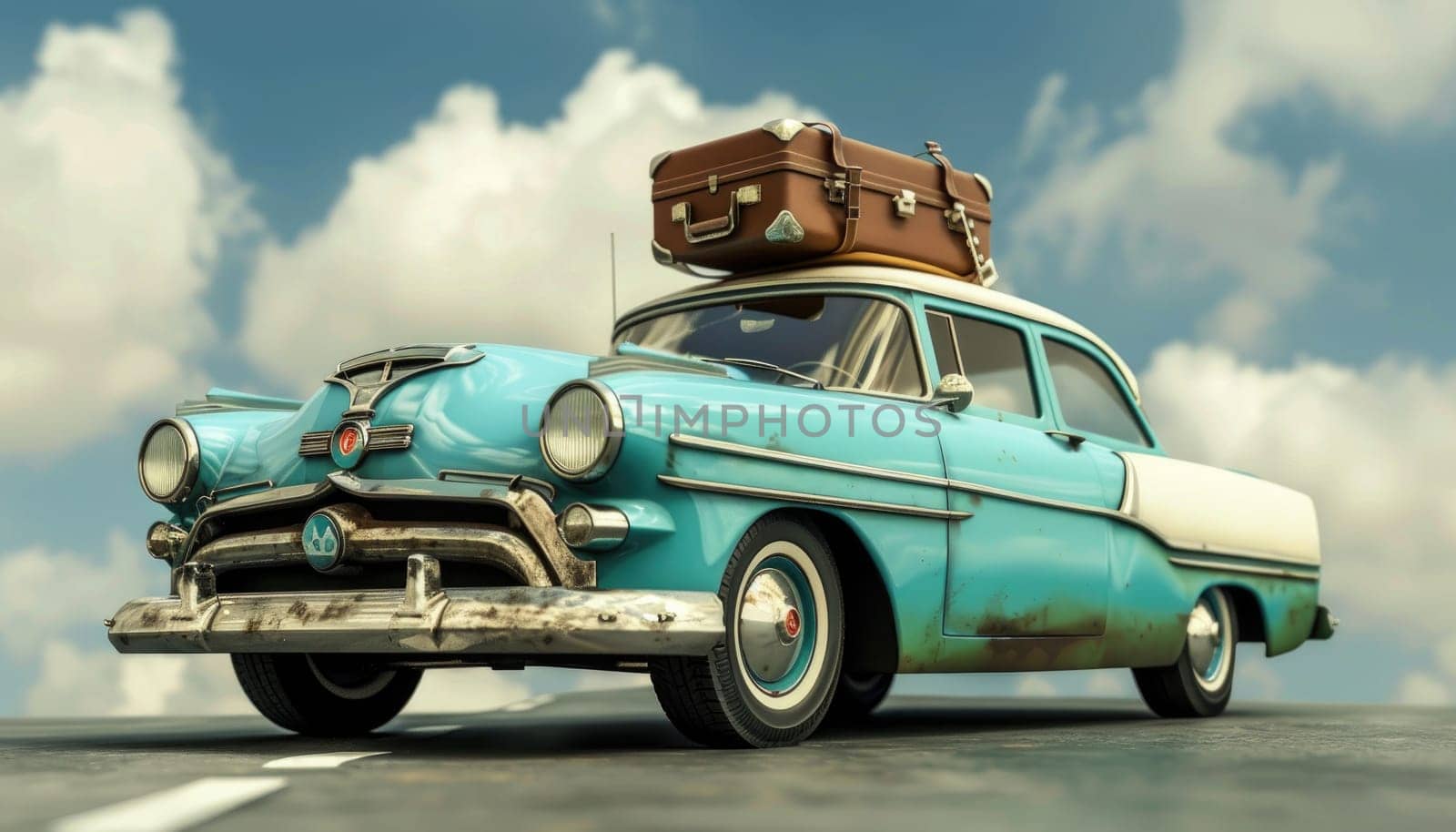 A blue car with luggage on top of it is parked on a beach by AI generated image.
