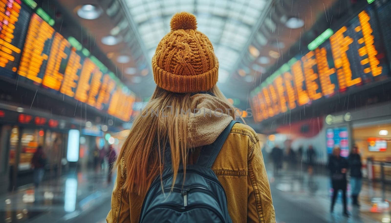 A woman with a backpack is standing in front of a large airport screen by AI generated image.