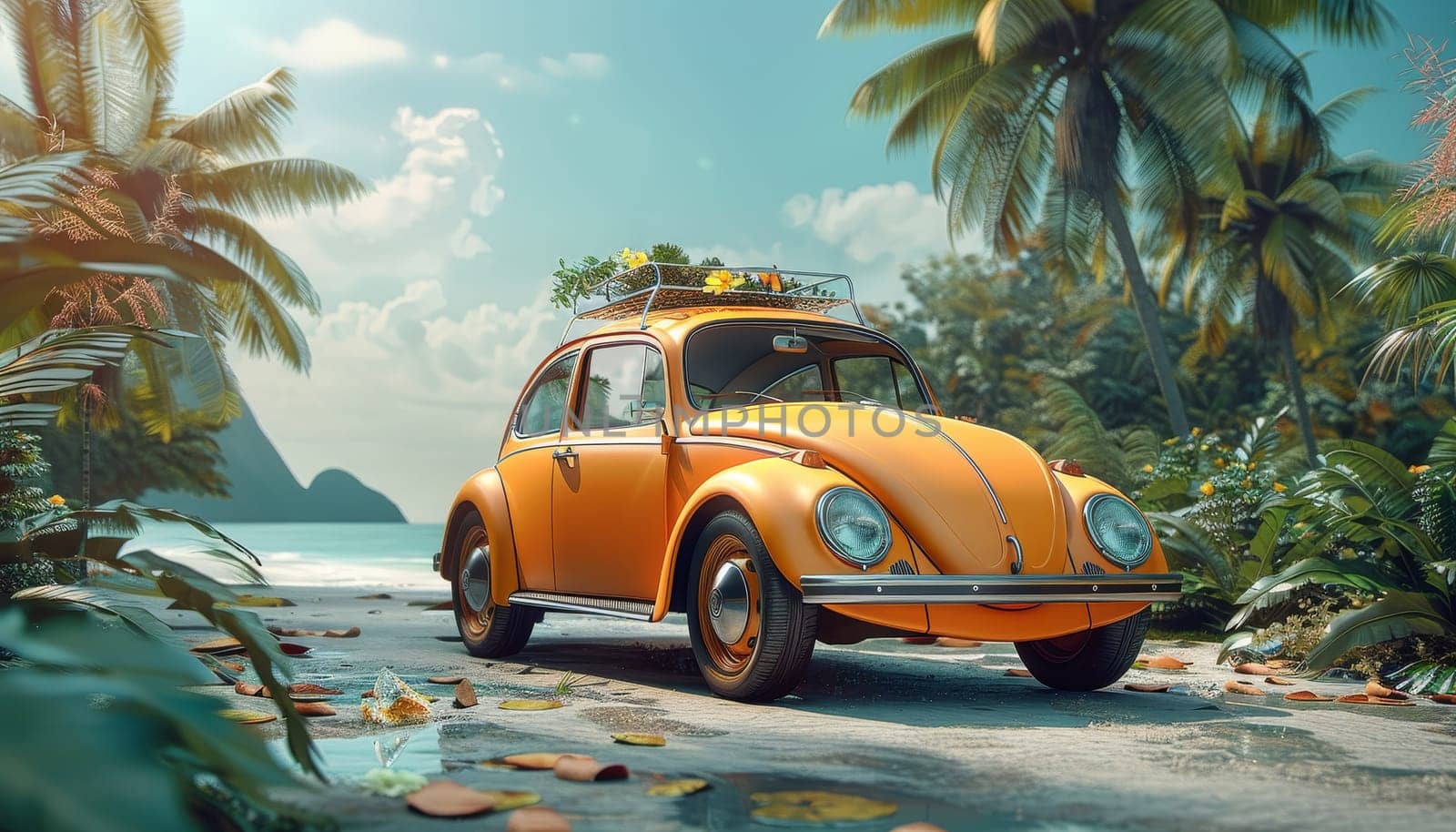 A vintage orange car is parked next to a tree with oranges on it by AI generated image.