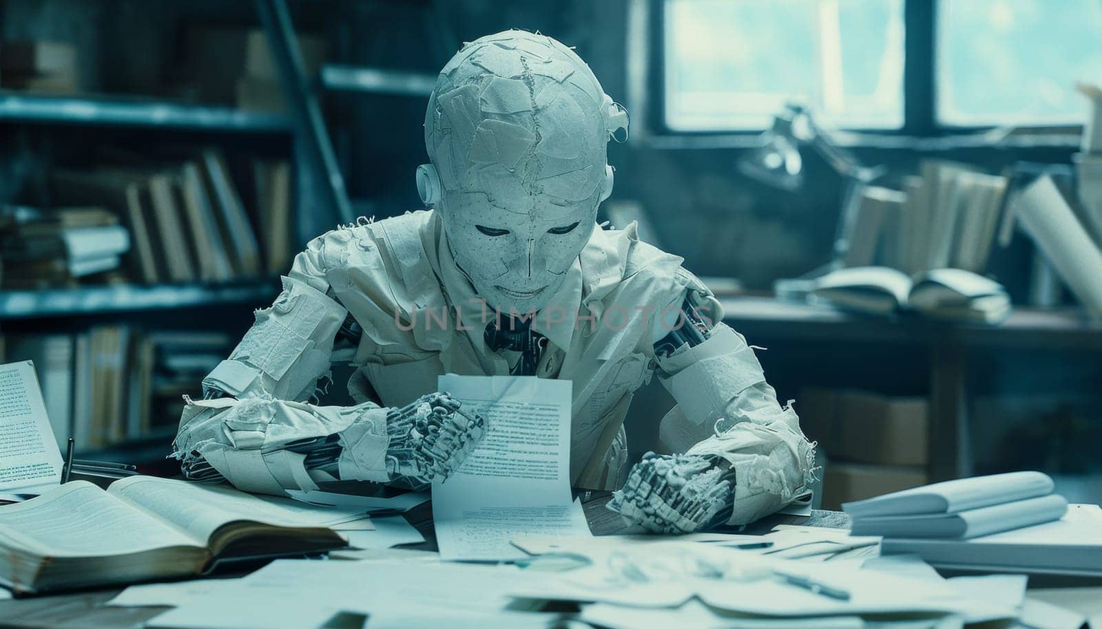 A robot is sitting at a desk with a piece of paper in front of it by AI generated image.