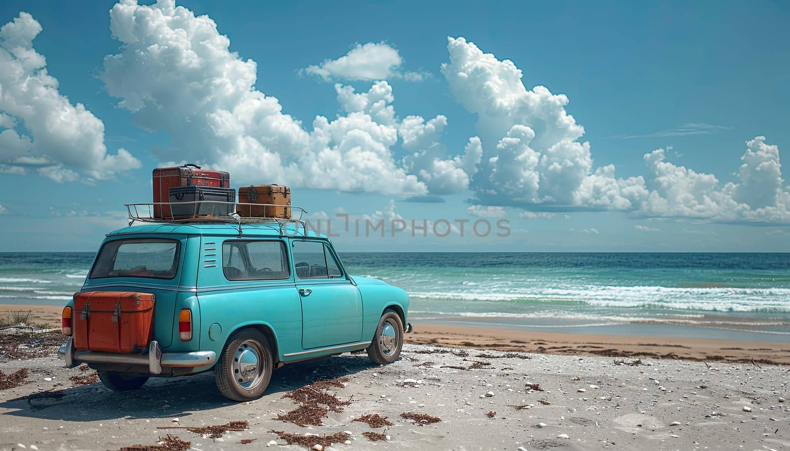 A blue car with luggage on top of it is parked on a beach by AI generated image.